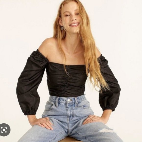 J. Crew Tops - J. Crew Black Ruched Puff Sleeve Crop Top BD809 NWOT